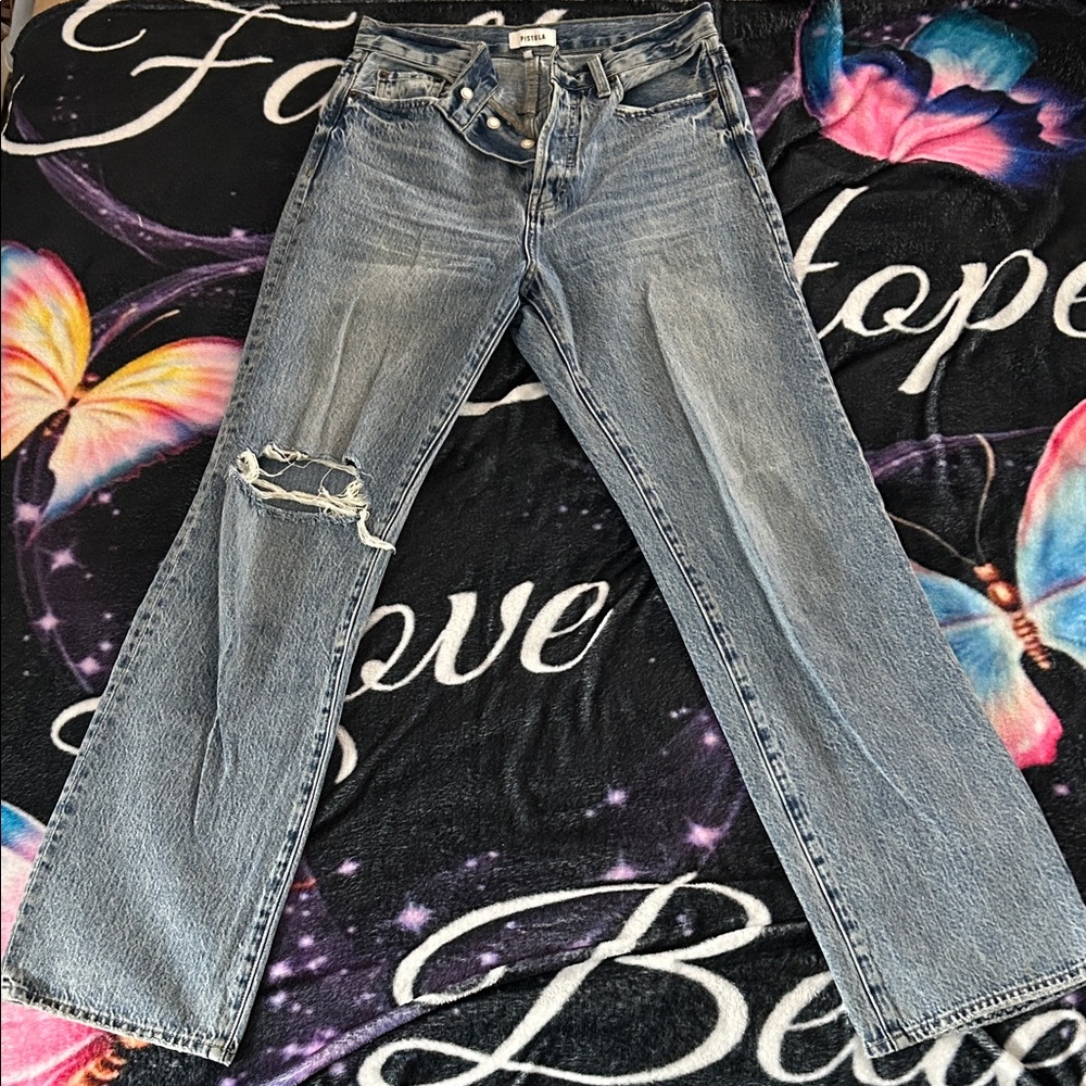 Pistola Distressed Straight Leg Jeans - Classic Blue